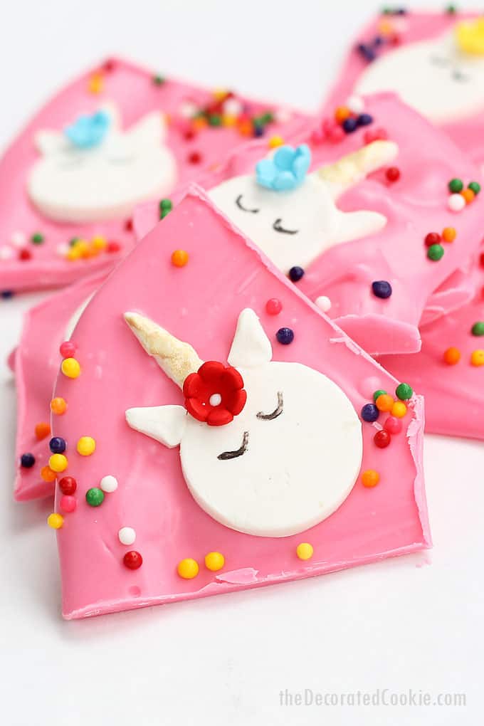 This unicorn bark made from chocolate is the best treat to make for a unicorn or rainbow party.  Video how-tos included. Unicorn food idea.