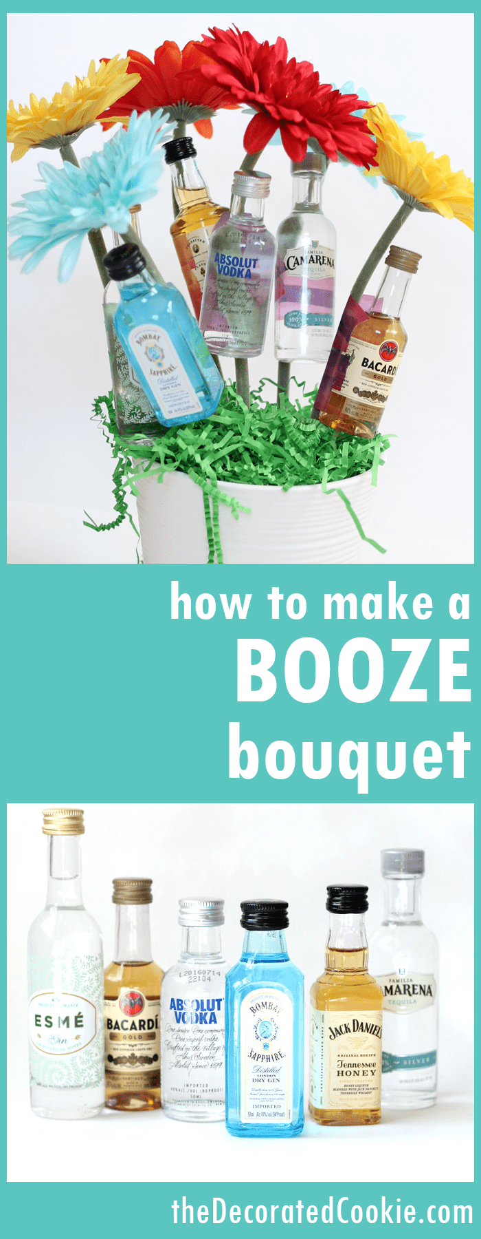 booze bouquet gift idea -- Mother's Day, birthday, housewarming, bridal shower, hostess gift and more! 