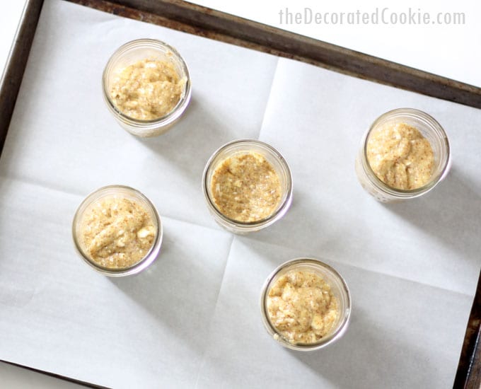 banana bread in a jar -- banana bread with wheat germ and flax seed (or use any of your favorite quick bread recipes) 