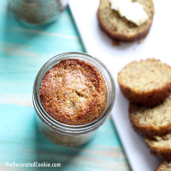 banana bread in a jar -- banana bread with wheat germ and flax seed (or use any of your favorite quick bread recipes) 