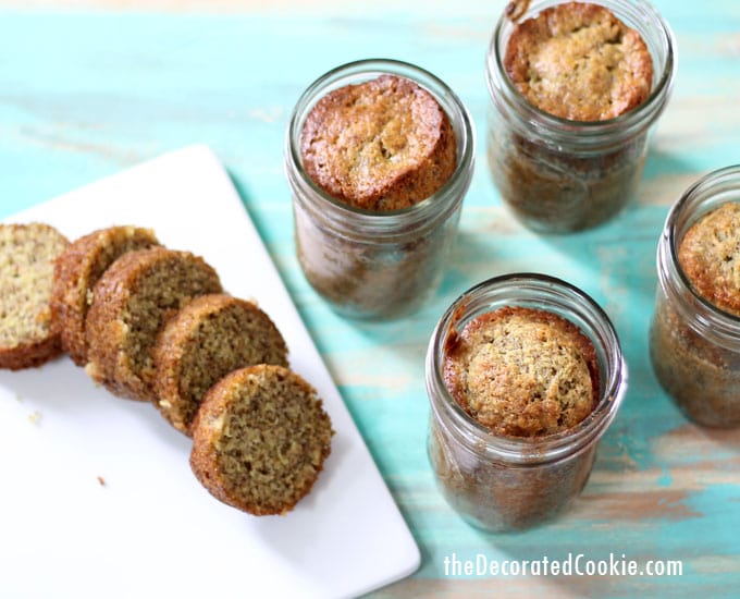 banana bread in a jar -- banana bread with wheat germ and flax seed (or use any of your favorite quick bread recipes) 