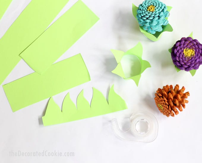 how to make pine cone Zinneas -- easy flower craft --with paper stands to make a centerpiece 