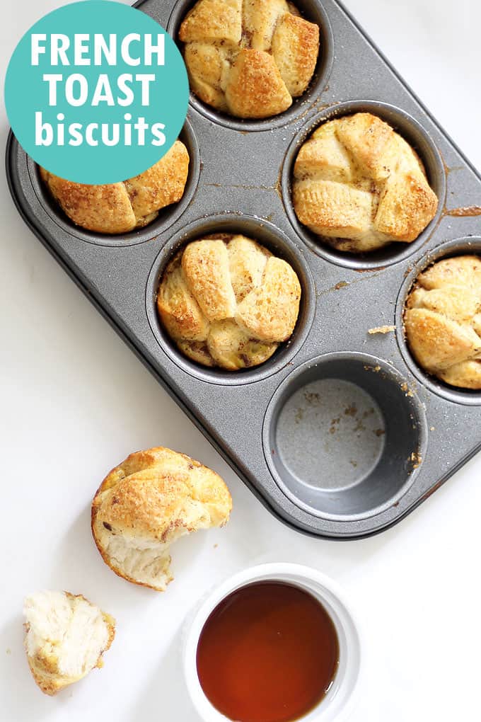 French Toast biscuit muffins from refrigerated biscuits are a quick and easy breakfast. A video is provided with how-to instructions.