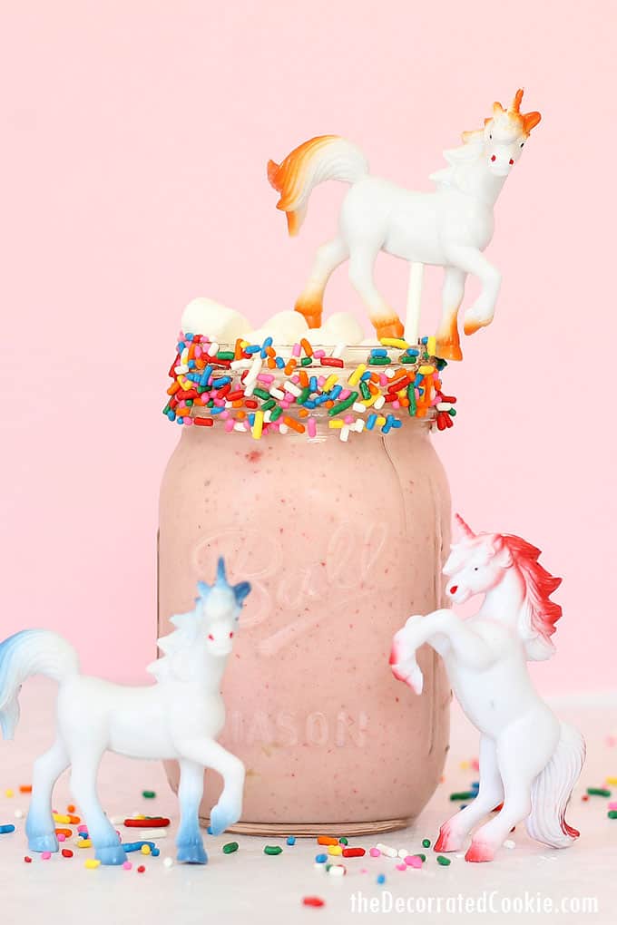 This 3-ingredient, healthy, strawberry-yogurt unicorn smoothie is a delicious unicorn food idea. For breakfast, a snack, any time. Video recipe.