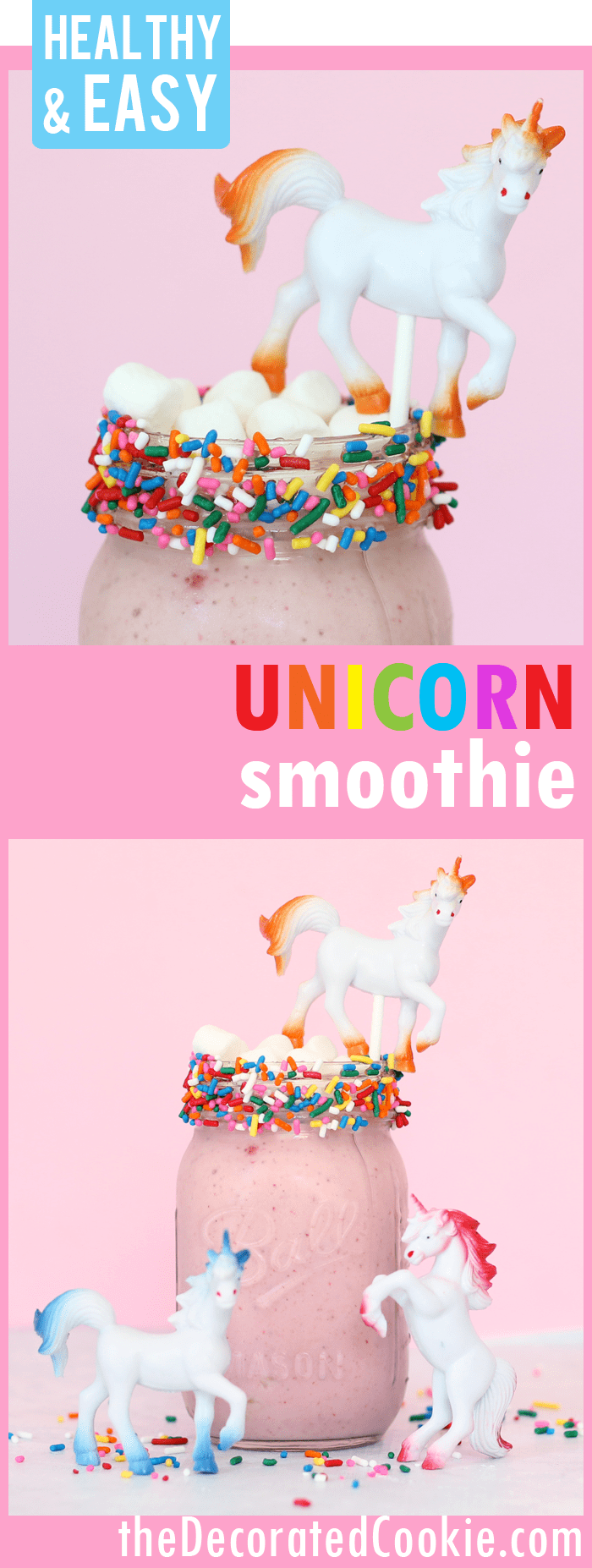 healthy unicorn smoothie -- 3-ingredient, easy, unicorn food with video how-tos (including the unicorn-on-a-stick) 