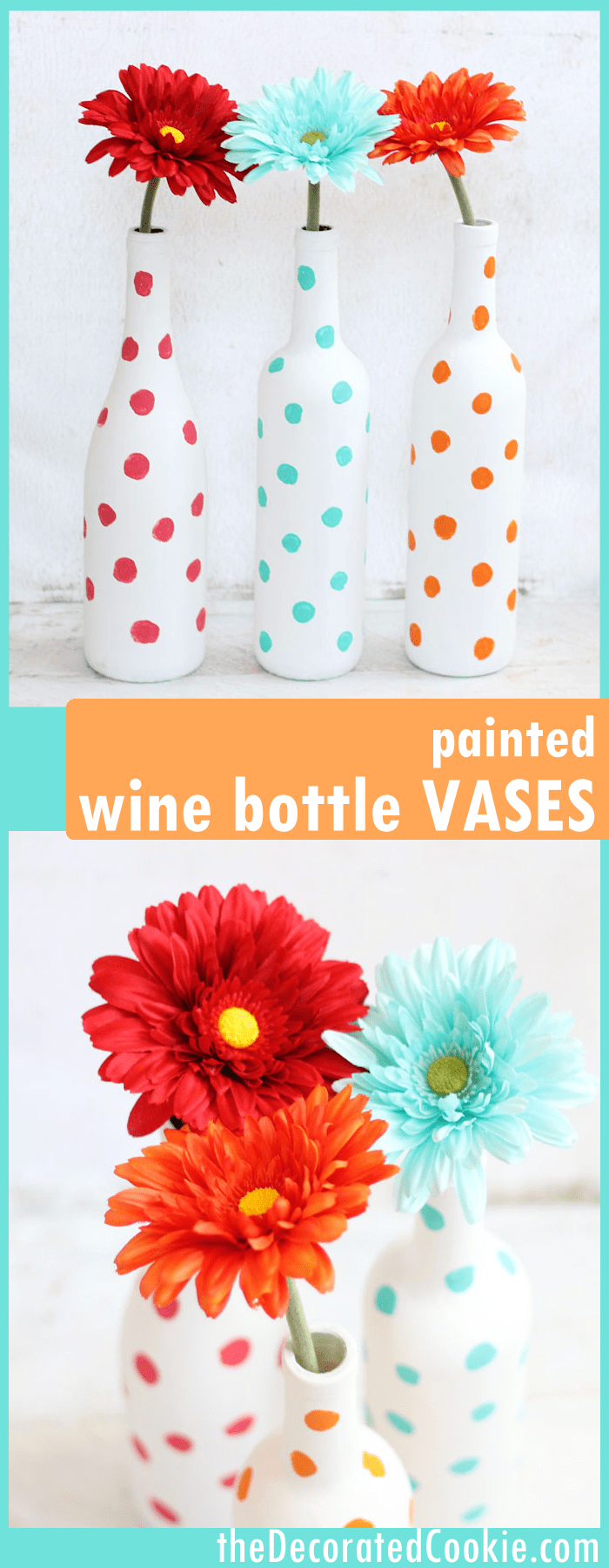 how to paint wine bottles -- painted polka dot wine bottle vases -- easy home decor DIY 