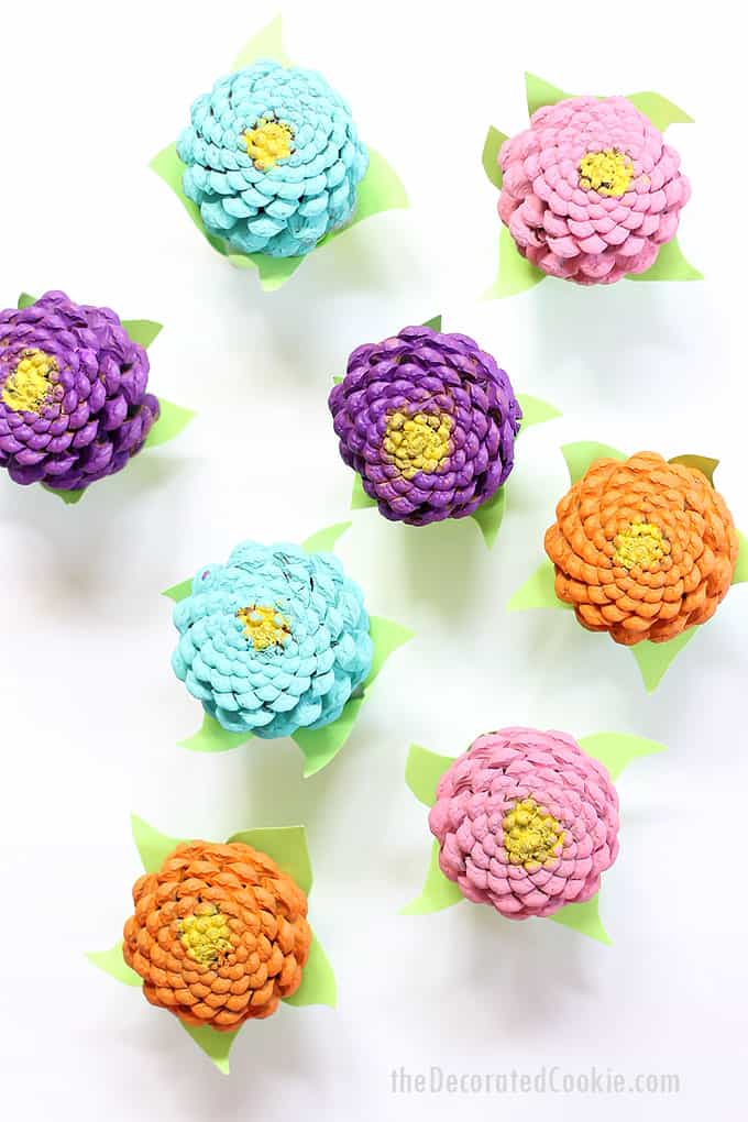 How to paint easy PINE CONE ZINNEAS, a colorful home decor flowers craft for spring. Easter centerpiece idea. Video step-sy-steps are included.