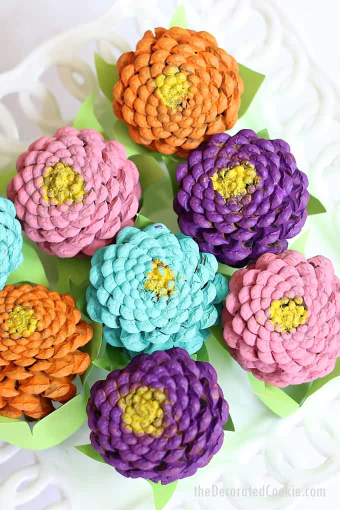 How to paint easy PINE CONE ZINNEAS, a colorful home decor flowers craft for spring. Easter centerpiece idea. Video step-sy-steps are included.