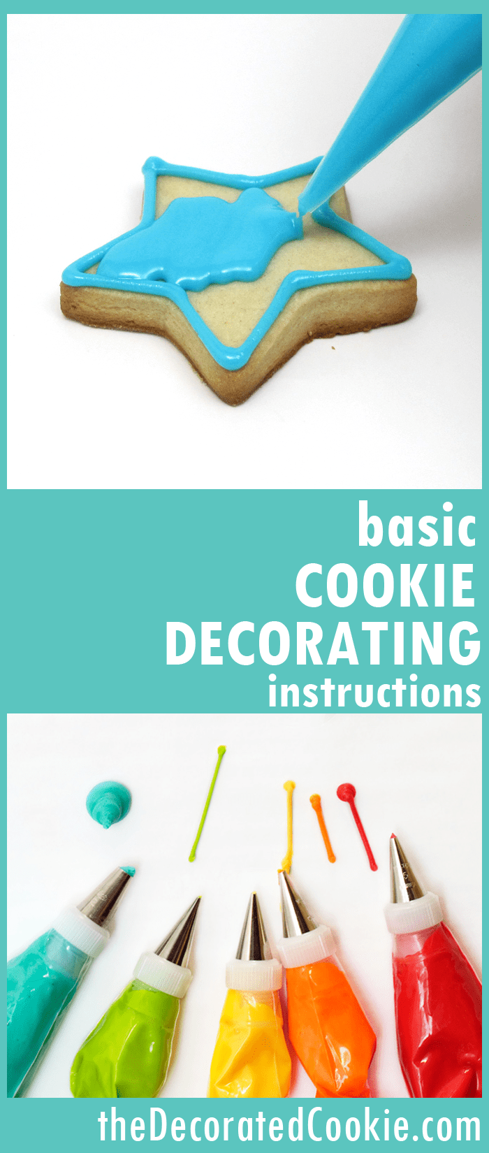 basic cookie decorating instructions -- cut-out cookie and icing recipes, food coloring, piping and outlining, assembling a decorating bag, flooding 