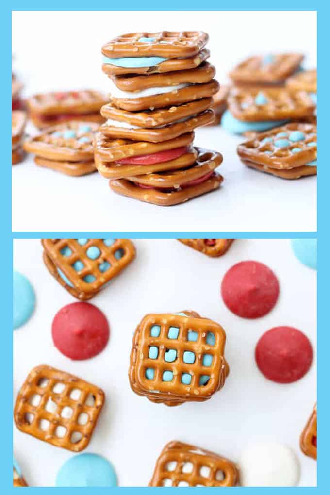 Patriotic pretzel bites for a quick and easy 4th of July dessert idea. Red, white, and blue fun food for Memorial Day or the 4th of July.