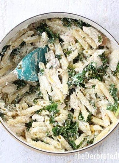 lemon chicken pasta with goat cheese and kale -- easy weeknight dinner idea -- video how-tos