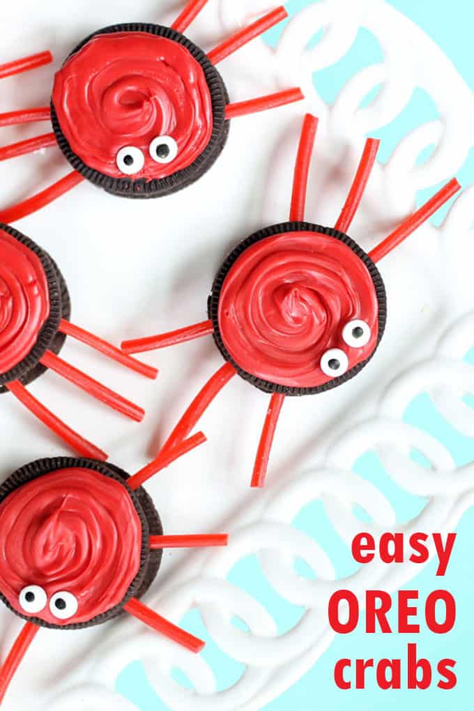 Oreo crabs with red candy melts and licorice legs