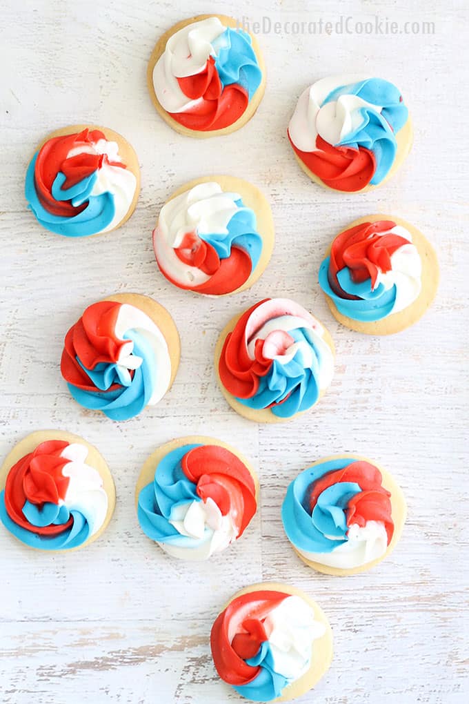 red, white, and blue swirled frosting cookies