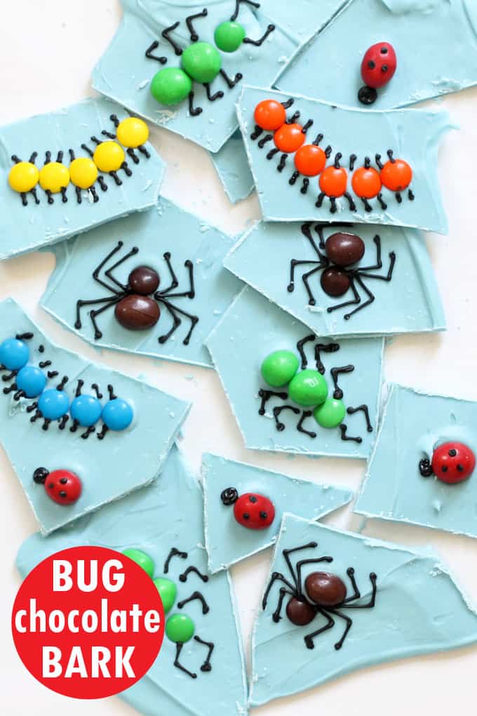 How to make creepy, crawly BUG chocolate park, great fun food idea for an insect party or Halloween party. #ChocolateBark #Bugs #Insects #Halloween 