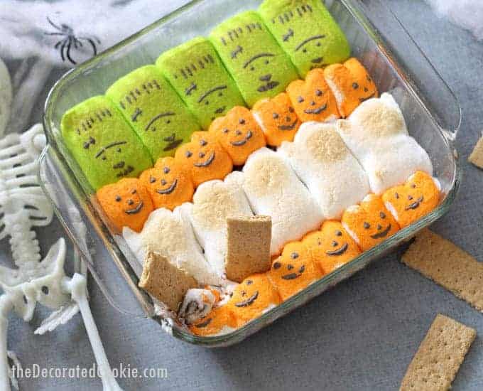 Halloween s'mores dip -- easy Halloween treat using Halloween Peeps marshmallows