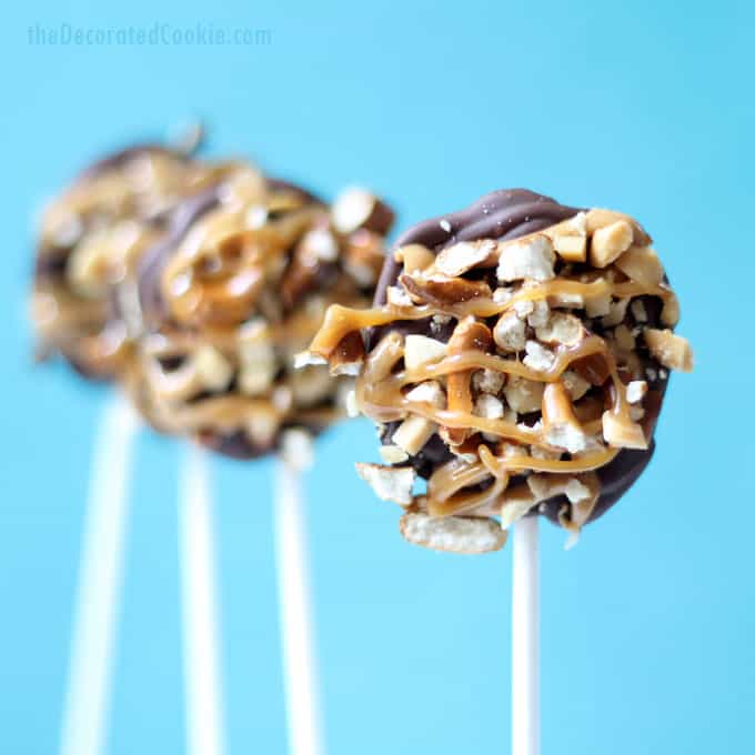 homemade Take 5 pops -- copycat Take Five candy bars on a stick