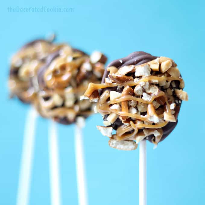 homemade Take 5 pops -- copycat Take Five candy bars on a stick 