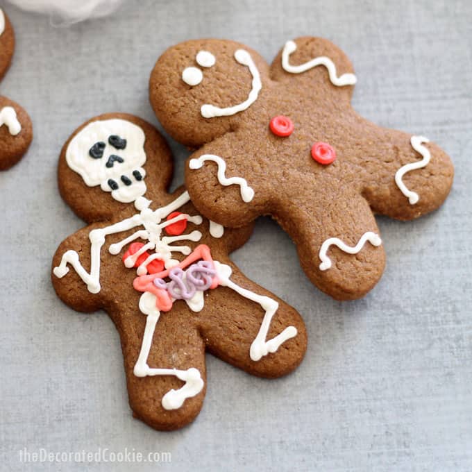 Halloween gingerbread men -- traditional gingerbread man cookies with spooky skeletons (with anatomy) hiding underneath! 