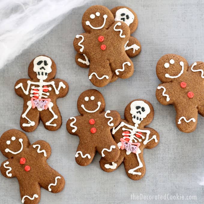 Halloween gingerbread men -- traditional gingerbread man cookies with spooky skeletons (with anatomy) hiding underneath! 
