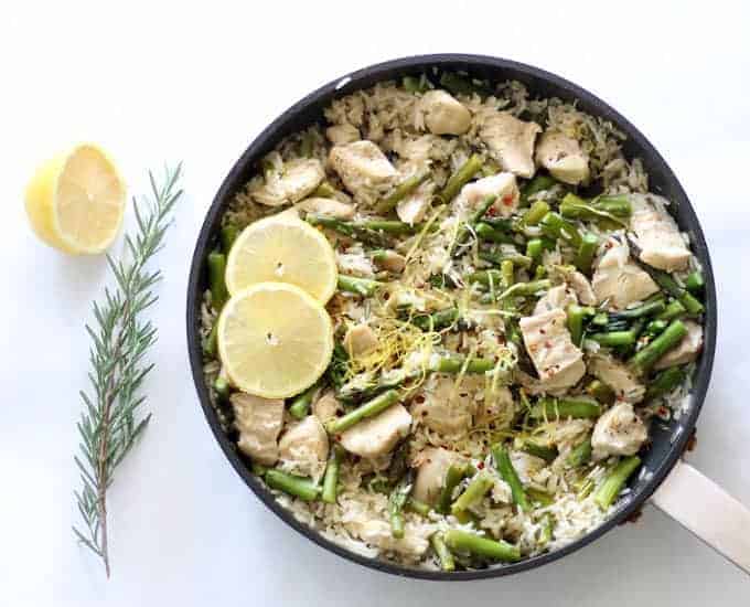 weeknight dinner idea one pot dinner idea: lemon rosemary chicken with rice and asparagus