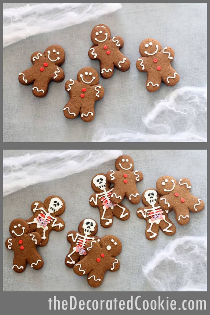 Halloween gingerbread man -- Traditional gingerbread man cookies hide skelton gingerbread cookies (with anatomy and all). Great Halloween cookies!!