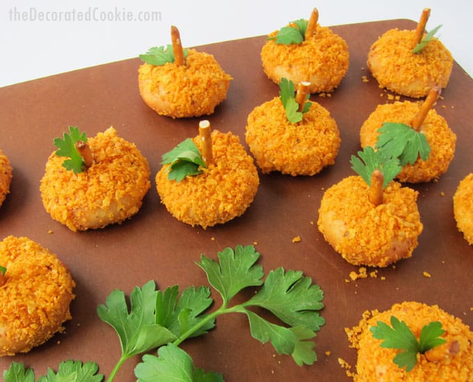 EASY mozzarella bite pumpkins appetizer with Farm Rich products -- Fall or Halloween party food 