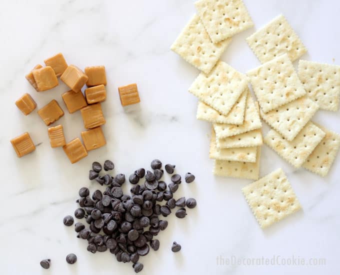 chocolate chips, saltines, and caramel bits