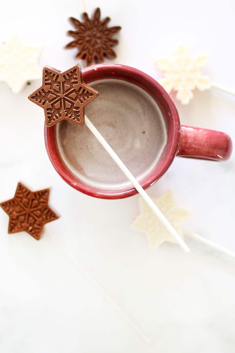 hot chocolate on a stick and hot cocoa in a mug