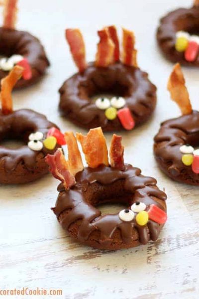how to make baked chocolate donut turkeys for a fun Thanksgiving breakfast or treat