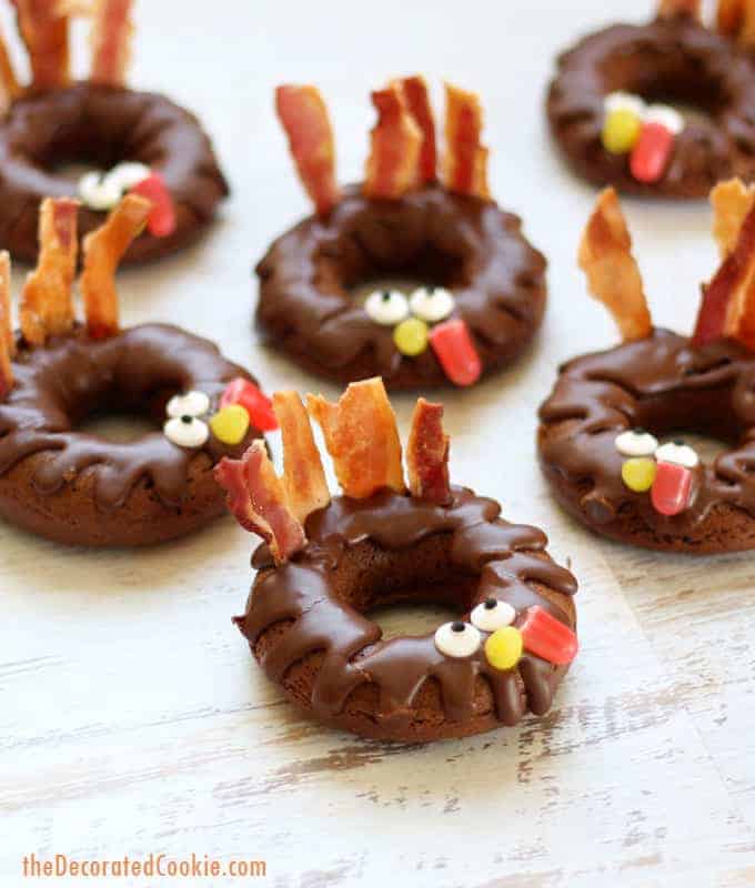 how to make baked chocolate donut turkeys for a fun Thanksgiving breakfast or treat