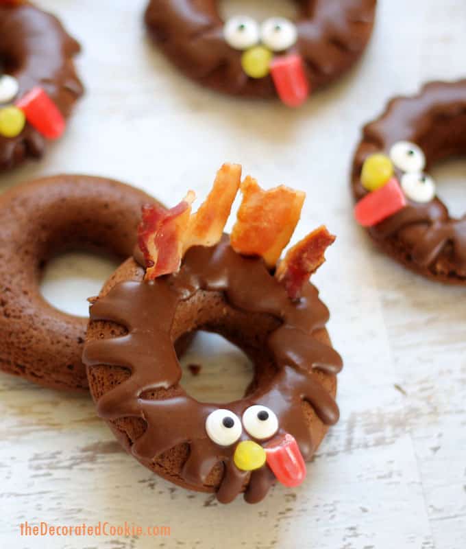chocolate donut turkeys with bacon 