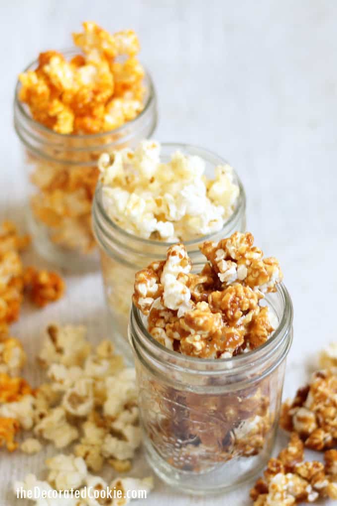 Popcorn Factory popcorn in cheddar, caramel, buttered 