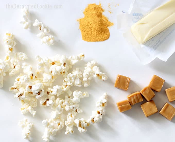 ingredients for Popcorn Factory popcorn in cheddar, caramel, buttered 
