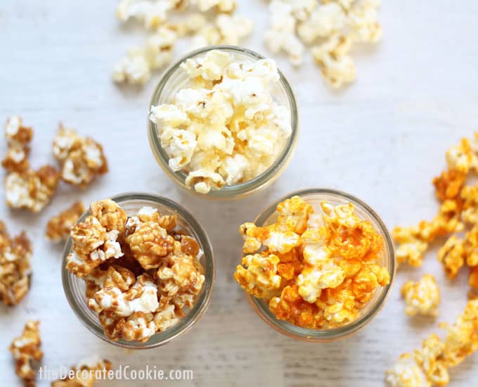homemade Popcorn Factory popcorn -- a copycat version of buttered, cheddar cheese, and caramel popcorn