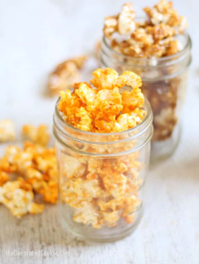 homemade Popcorn Factory popcorn -- a copycat version of buttered, cheddar cheese, and caramel popcorn