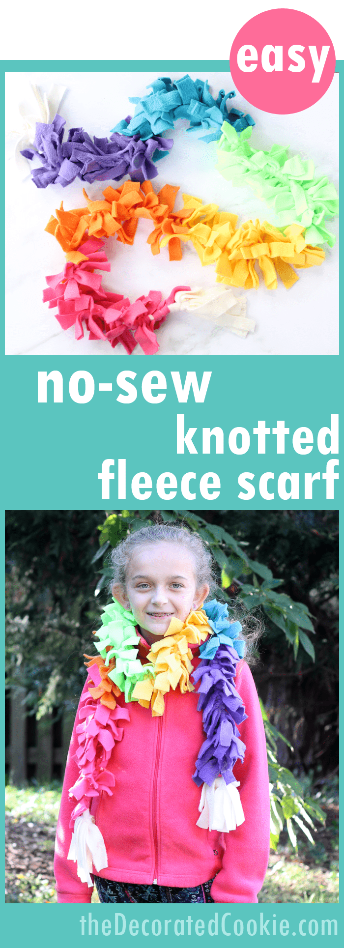 This no-sew rainbow knotted fleece scarf is the perfect homemade holiday gift kids can make. Printable instructions and video how-tos included. 