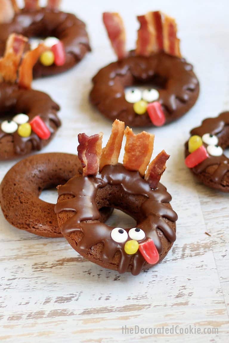 DONUT TURKEYS -- baked chocolate doughnuts for Thanksgiving fun.