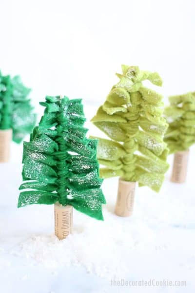 green felt Christmas trees with wine corks