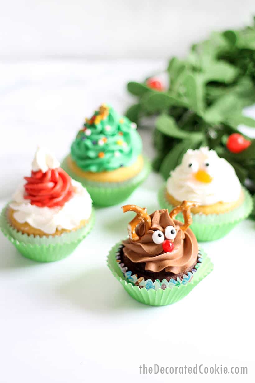 CHRISTMAS CUPCAKES: four EASY ideas with one decorating tip, video.