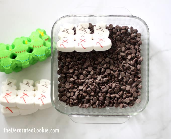 chocolate chips in baking dish and Christmas Peeps 