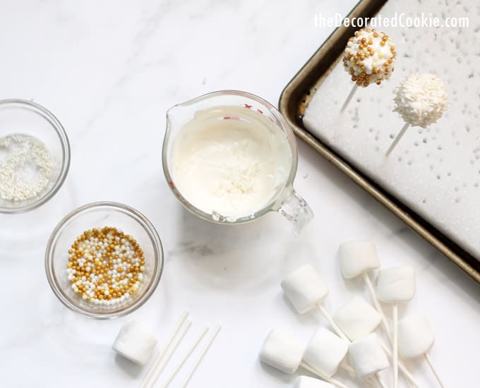 New Year's Eve party fun food ideas: New Year's Eve gold marshmallow pops with video how-tos. 