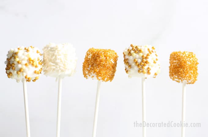 New Year's Eve party fun food ideas: New Year's Eve gold marshmallow pops with video how-tos. 