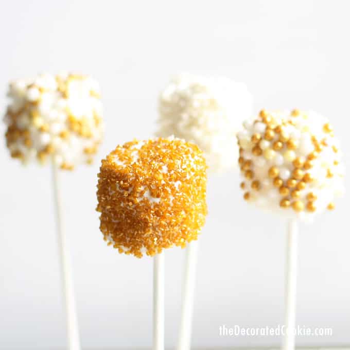 New Year's Eve party fun food ideas: New Year's Eve gold marshmallow pops with video how-tos. 