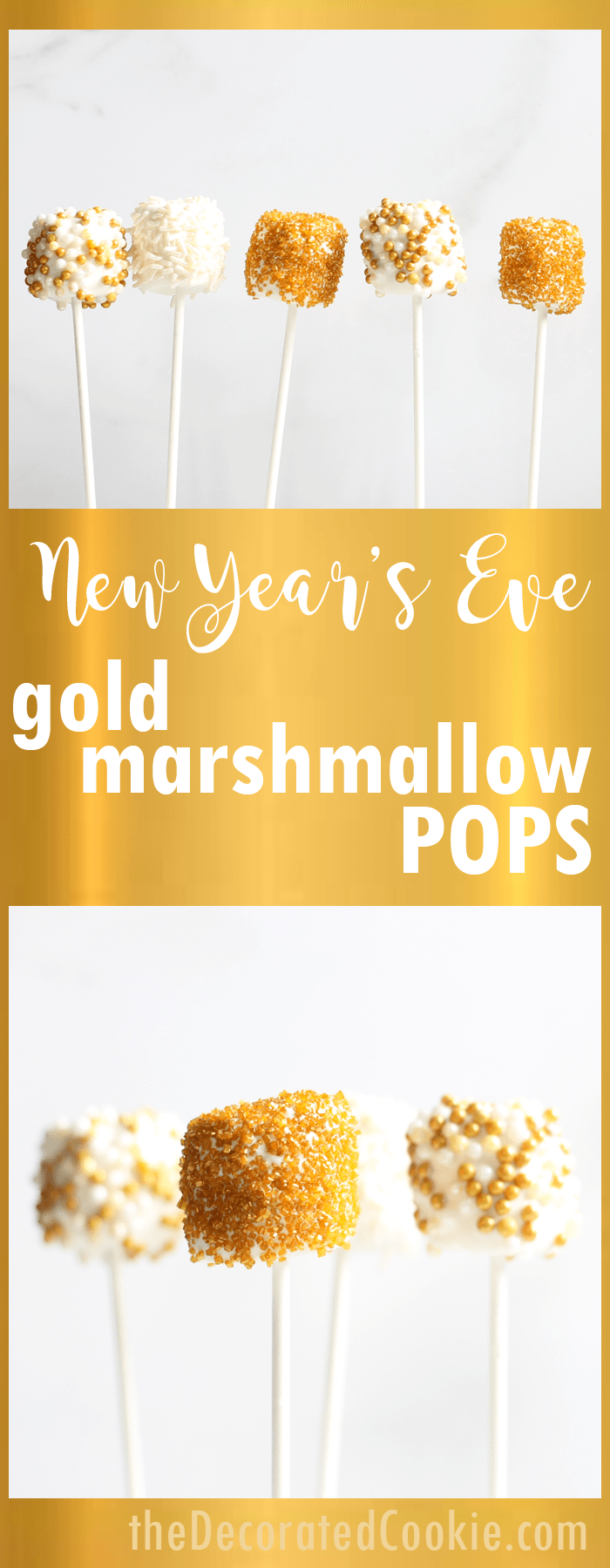 New Year's Eve party fun food ideas: New Year's Eve gold marshmallow pops with video how-tos. 