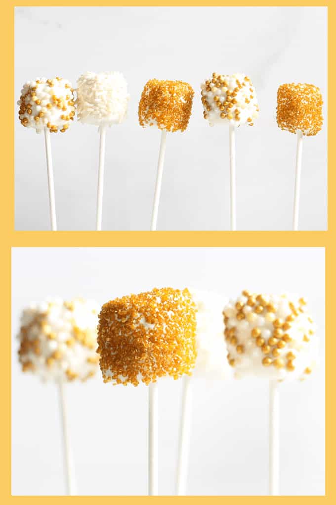 New Year's Eve gold marshmallow pops are a sparkly fun food idea for your New Year's Eve party. Just dip marshmallows in white candy or chocolate and add festive gold sprinkles. #newyearseve #newyears #marshmallows #gold 