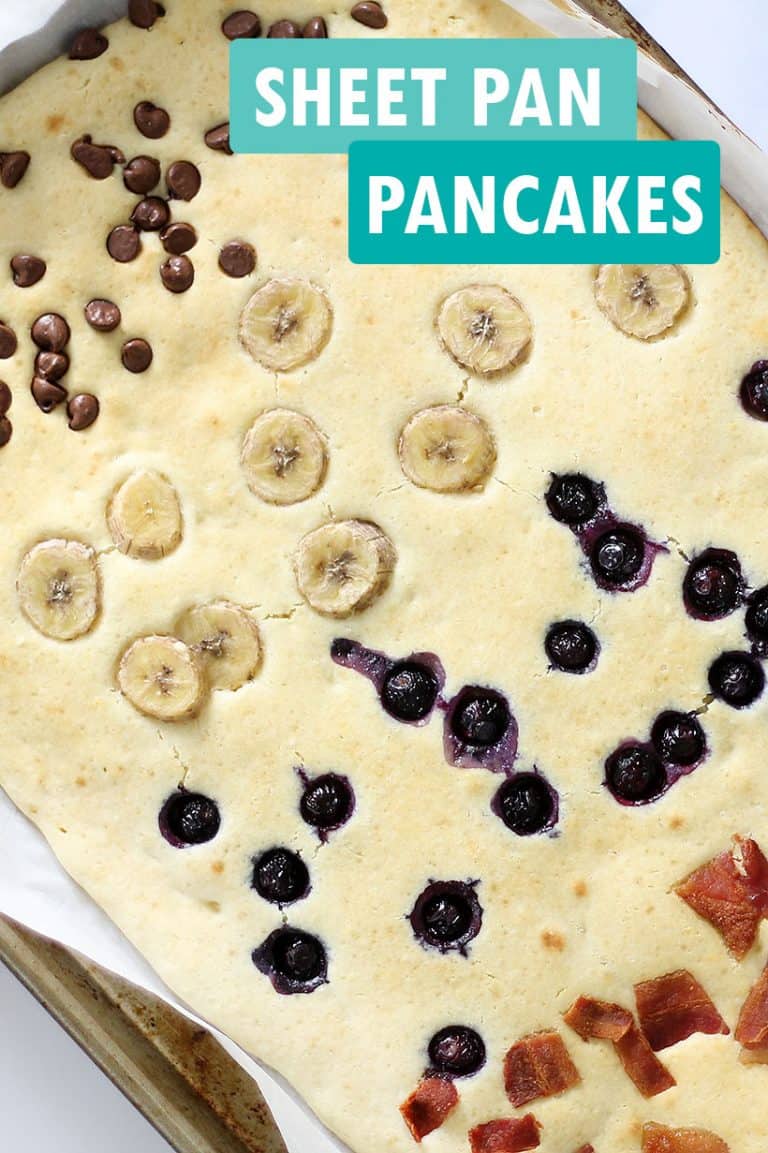 Easy breakfast idea Make SHEET PAN PANCAKES with toppings.