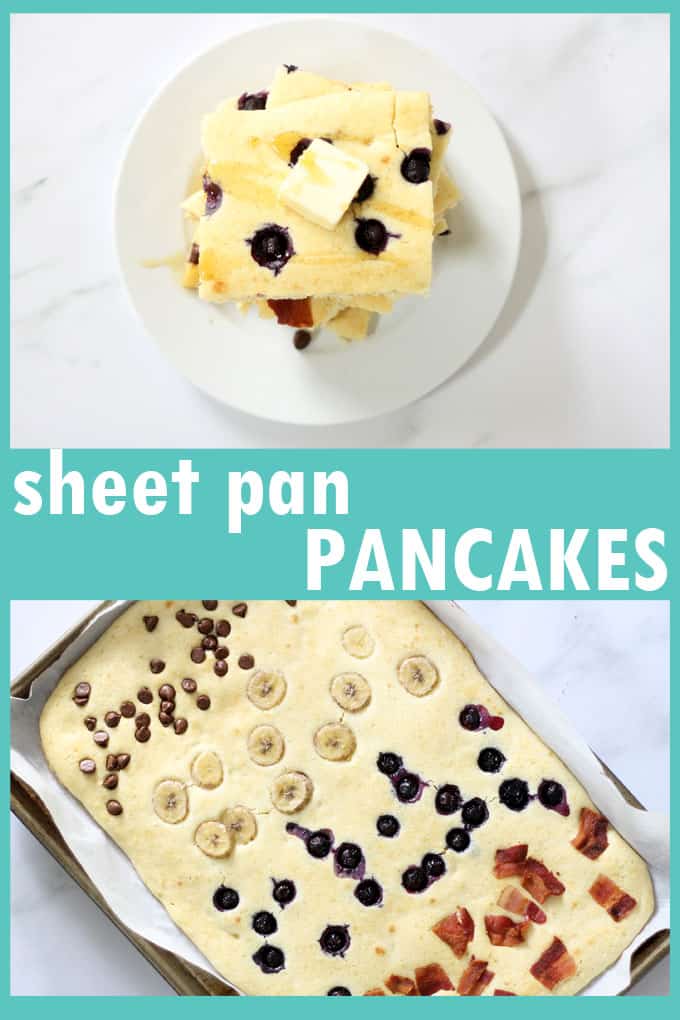 Easy breakfast idea for a crowd, holidays, or freeze for the weekdays: Sheet pan pancakes with toppings of your choice. Video how-tos. #pancakes #SheetPanPancakes #Breakfast 