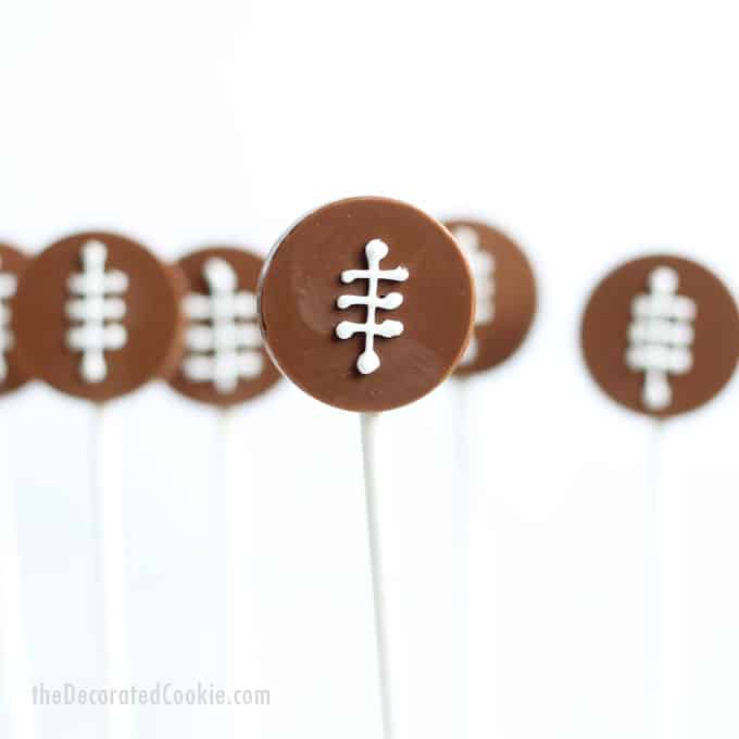 How to make football chocolate pops, a fun food idea, Super Bowl party dessert idea. Video how-tos included. 