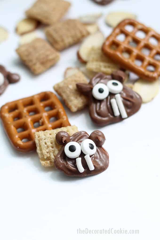 Groundhog day snack mix, a cute and fun treat to serve on Groundhog Day. Video how-tos included. Great classroom treat idea for this Winter holiday.
