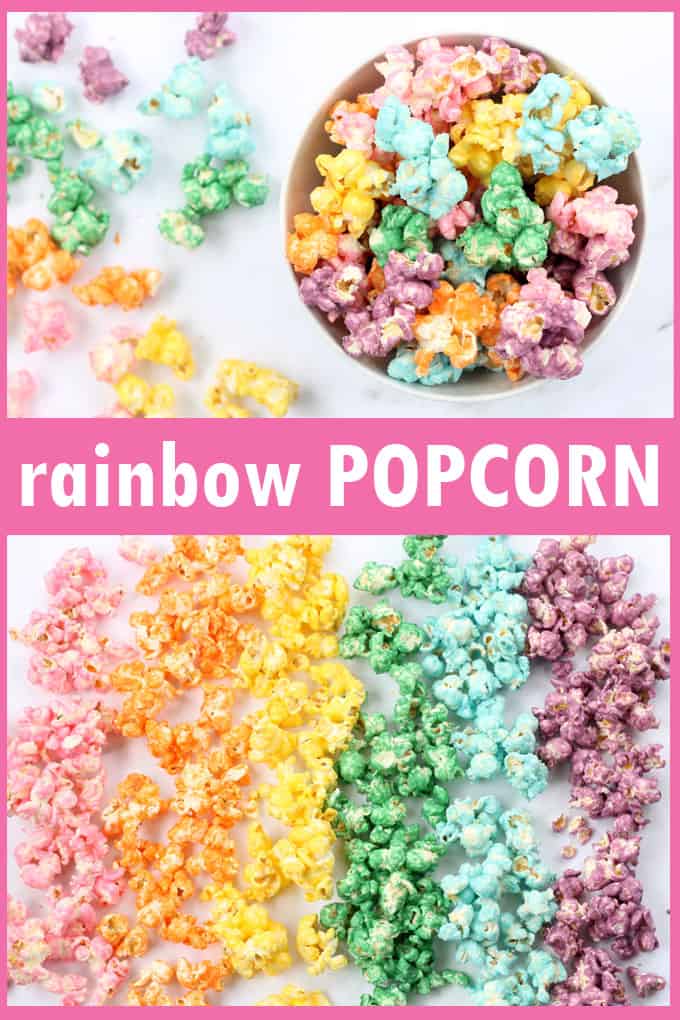 Rainbow popcorn! How to make colored popcorn, a fun food idea for a rainbow party. Unicorn food. #UnicornFood #RainbowPopcorn #coloredpopcorn 